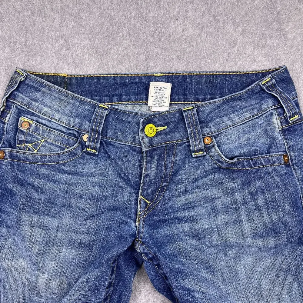 Vintage True Religion Jeans Yellow Stitching Flap Pocket USA Made 34x25 (Hemmed)